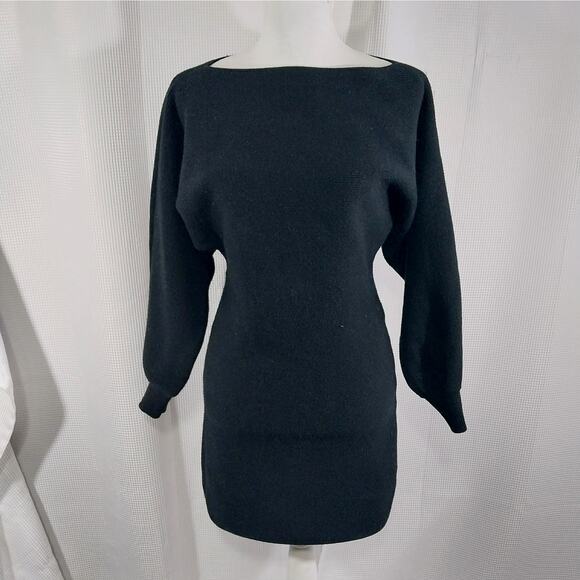 BLUIVY! RICH BLACK HEAVY/FINE KNIT PUFF SLEEVE SHEATH SWEATER DRESS! SZ L - Picture 2 of 8